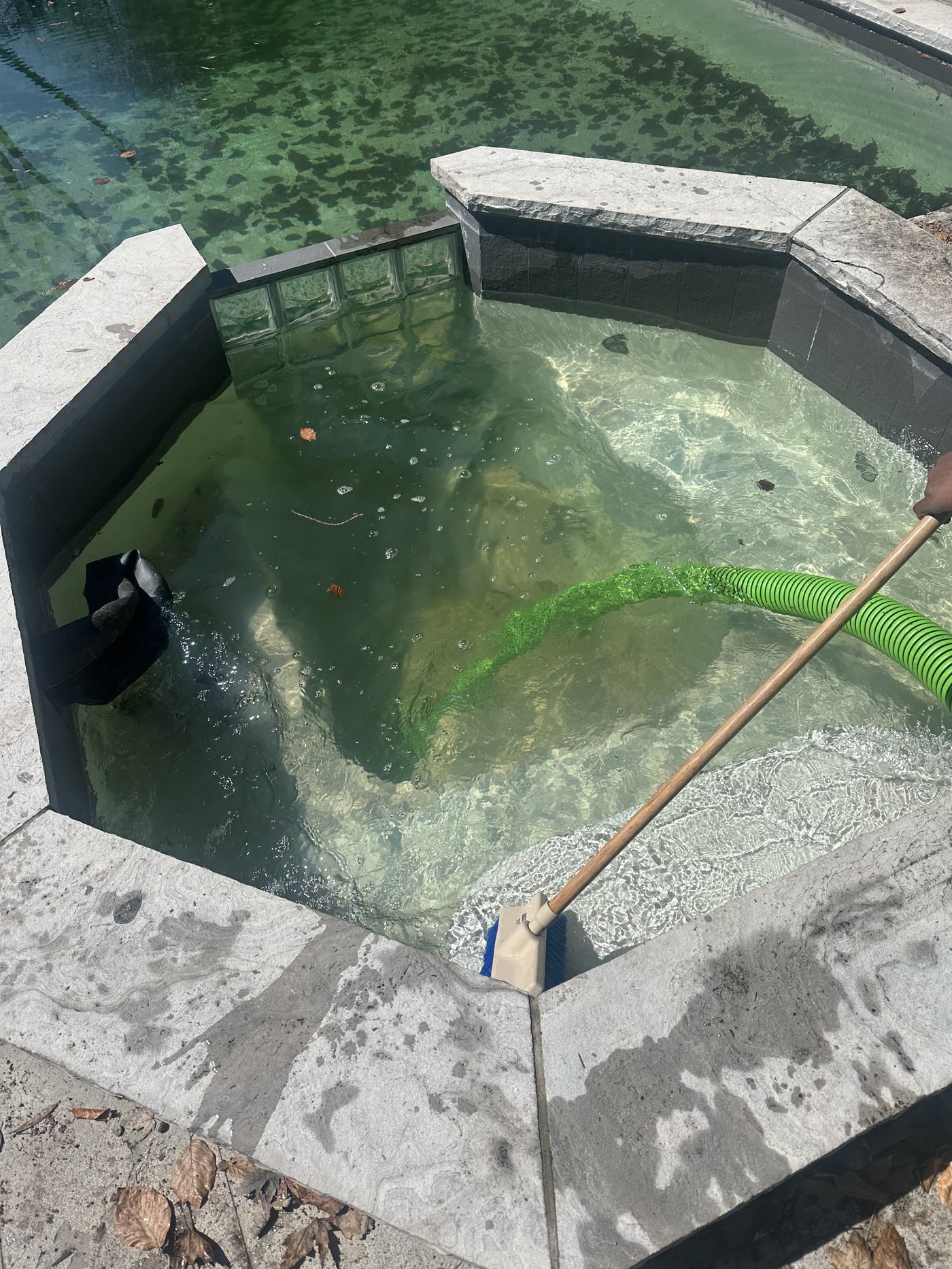 Octagonal spa before cleaning — green murky water